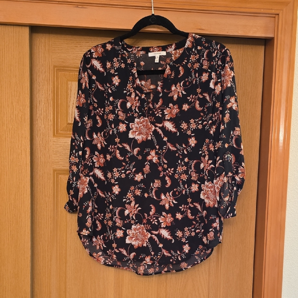 Maurices Black Blouse with Rust Floral Print